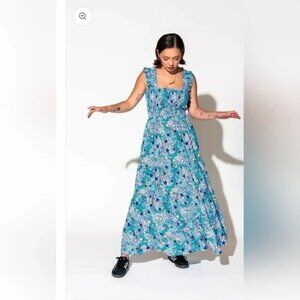 Dressed in LALA Womens Rulebreaker Smocked Dress In Wonder Girl Blue Small
